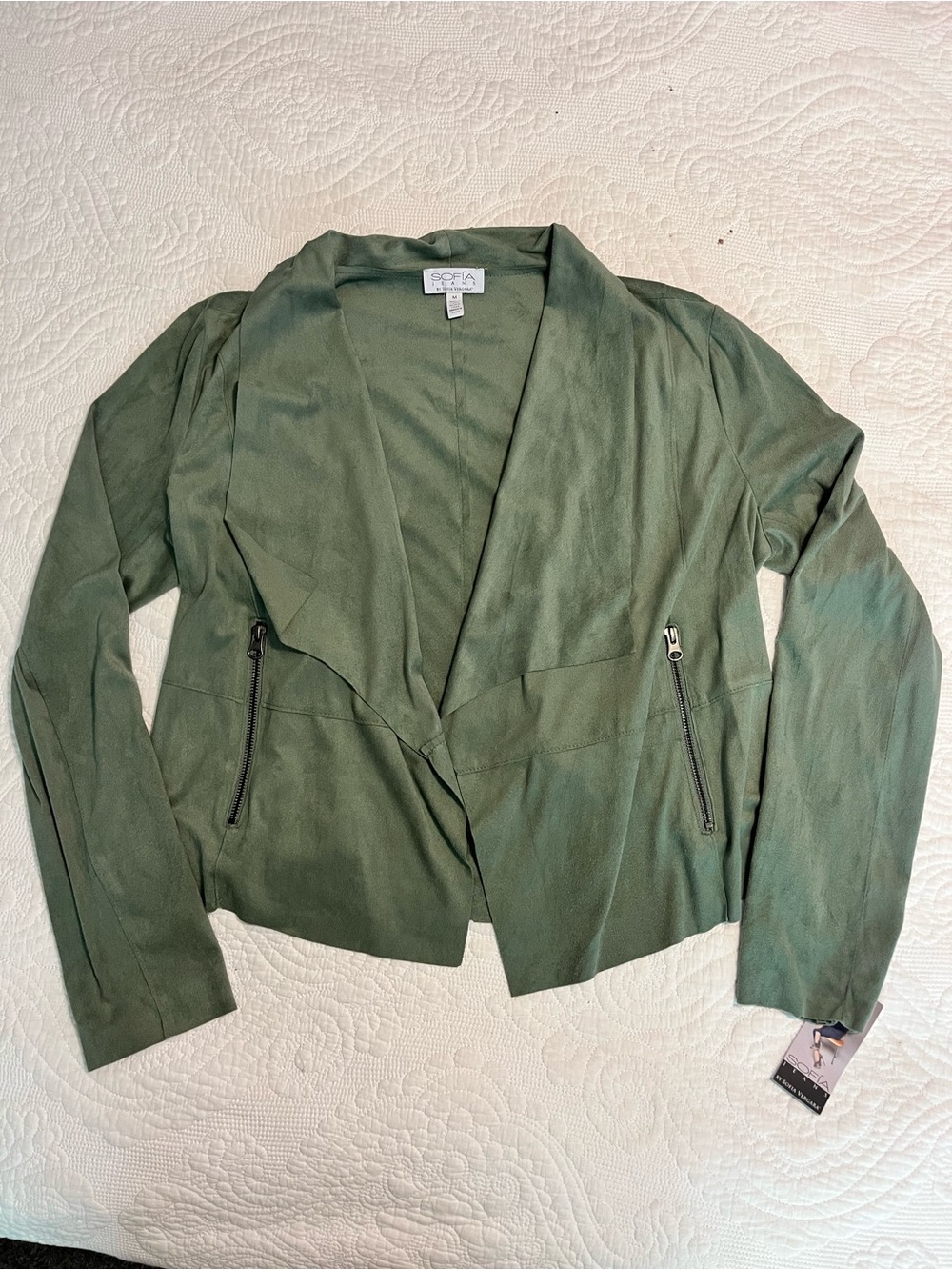 Olive Green Open-Front Women's Sofia Vergara Jacket with Zip Pockets - Size M